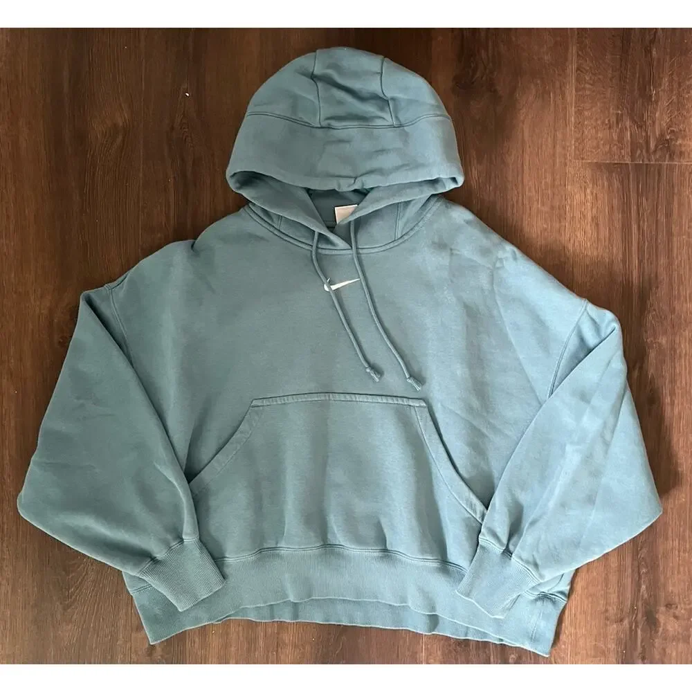Nike Center Swoosh Large Pullover Hoodie Pheonix Fleece Oversized Boxy Teal Blue